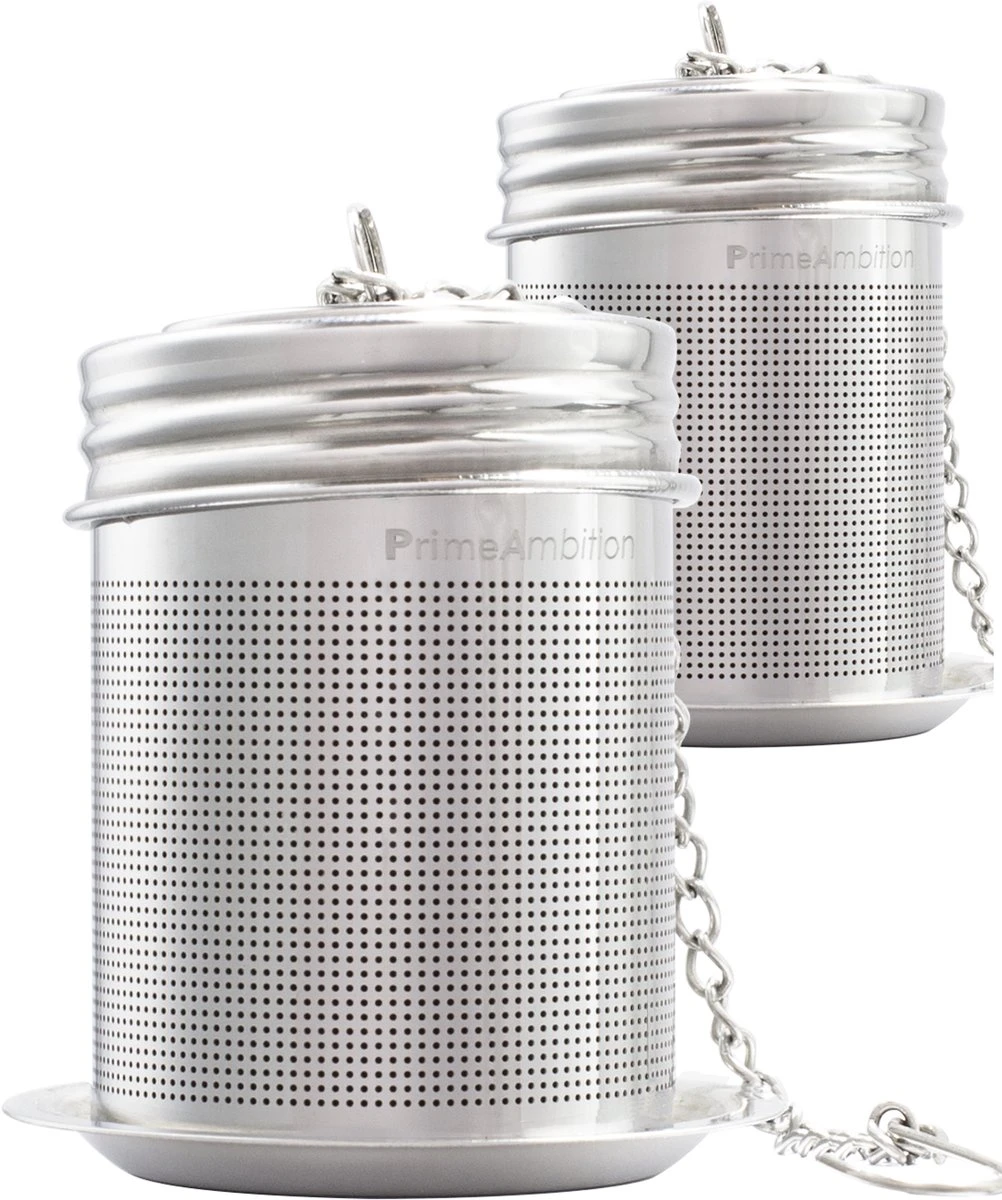 PrimeAmbition - 2 Stuks Theezeef En Theetip Voor Losse Thee - Extra Fijne Filter - Thee Ei Set Met Schoteltje Voor Theezakjes 1 PrimeAmbition - 2 Stuks Theezeef En Theetip Voor Losse Thee - Extra Fijne Filter - Thee Ei Set Met Schoteltje Voor Theezakjes