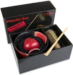 Merkloos Matcha Thee Set Inclusief Handgemaakte Matcha Kom, Bamboe Matcha Klopper, Chasen Houder Rood En Bamboe Maatschep - Complete Matcha Set