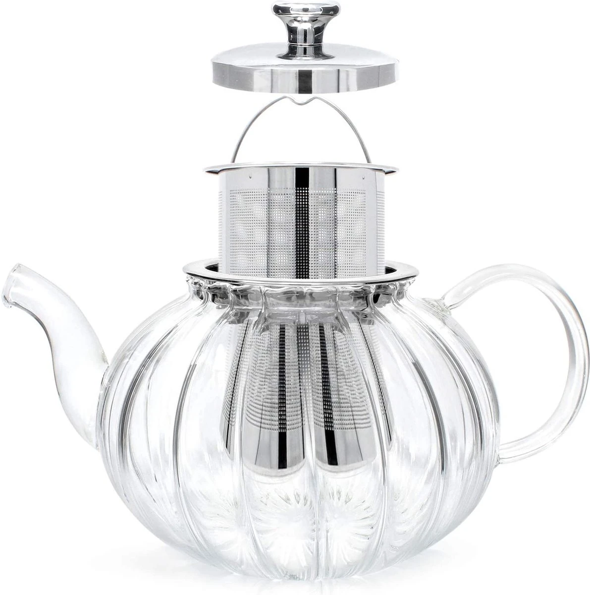 Glazen Theepot Met Filter (RVS) - 1.2 Liter - Pompoen Design - Thee Infuser – Borosilicaat – Anti-druppel Tuit 3 Glazen Theepot Met Filter (RVS) - 1.2 Liter - Pompoen Design - Thee Infuser – Borosilicaat – Anti-druppel Tuit - Afbeelding 3