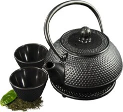 SakuraTea - Theepot Set - 4-delig - Gietijzer - Zwart - 0.8L - 2 Kopjes (100ml) -Thee Promotie Winkel 1200x1086