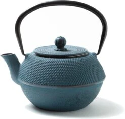 Tealøv THEE SET 1,1 LITER GIETIJZER | COMPLETE SET IN GESCHENKDOOS | Gietijzeren Theepot Met Roestvrijstalen Zeef, Gietijzeren Theekopjes En Onderzetter | In Authentiek Japanse Stijl | Arare Blauw -Thee Promotie Winkel 1200x1135