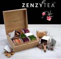 Theedoos Van ZENZYTEA® - Bamboe - Theedoos 9 Vaks - Inclusief 3 Theeblikken Voor Losse Thee - Geschikt Voor Grote & Kleine Theezakjes - Vierkant - Grote Vakken - Luxe Verpakking - Cadeau -Thee Promotie Winkel 1200x1169