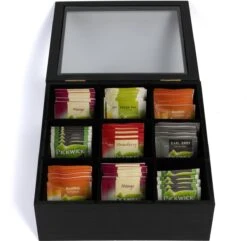 CasaLupo Theedoos Zwart 9-vaks - Met Fluweel - 23 X 23 Cm -Thee Promotie Winkel 1200x1172