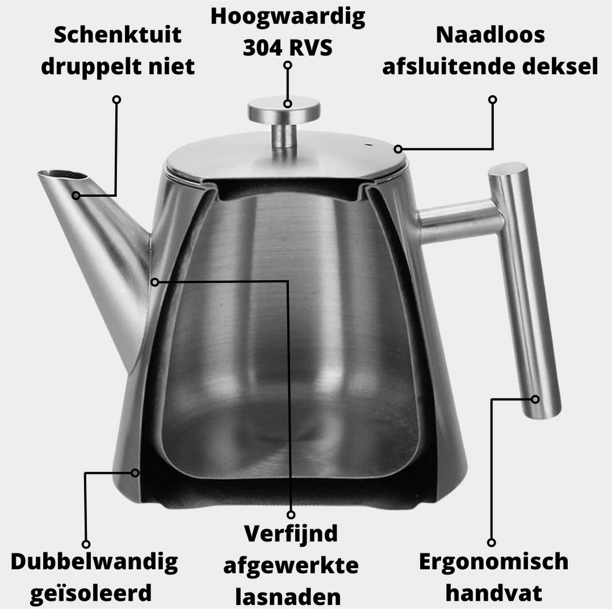 Castagnola Theepot Met Filter – Theekan – Theepot Dubbelwandig – Theepot Roestvrijstaal – Hoogwaardig RVS – 1 Liter – 5 Kopjes Thee – Zilver 4 Castagnola Theepot Met Filter – Theekan – Theepot Dubbelwandig – Theepot Roestvrijstaal – Hoogwaardig RVS – 1 Liter – 5 Kopjes Thee – Zilver - Afbeelding 4