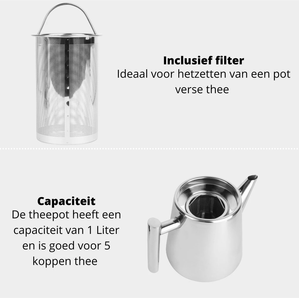Castagnola Theepot Met Filter – Theekan – Theepot Dubbelwandig – Theepot Roestvrijstaal – Hoogwaardig RVS – 1 Liter – 5 Kopjes Thee – Zilver Glans 4 Castagnola Theepot Met Filter – Theekan – Theepot Dubbelwandig – Theepot Roestvrijstaal – Hoogwaardig RVS – 1 Liter – 5 Kopjes Thee – Zilver Glans - Afbeelding 4
