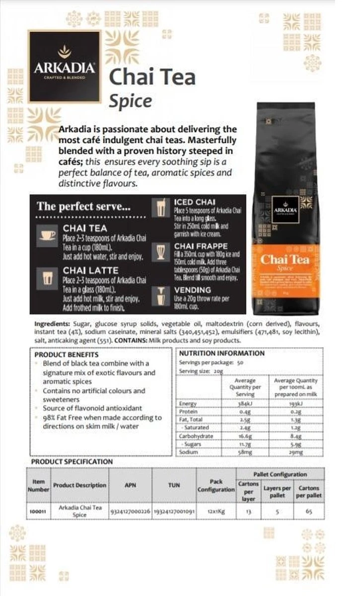 Arkadia Chai Latte Tea Spice Orginal 1kg Powder Cafe Beverage 2 Arkadia Chai Latte Tea Spice Orginal 1kg Powder Cafe Beverage - Afbeelding 2