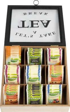 Merkloos Theekist - Bruin - Hout 9-Vaks - Glazen Deksel - Theedoos - Tea Break -Thee Promotie Winkel 751x1200